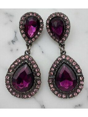 Faux Amethyst Dangle Earrings Silver Tone Pink Rhinestone Accents Bold Statement